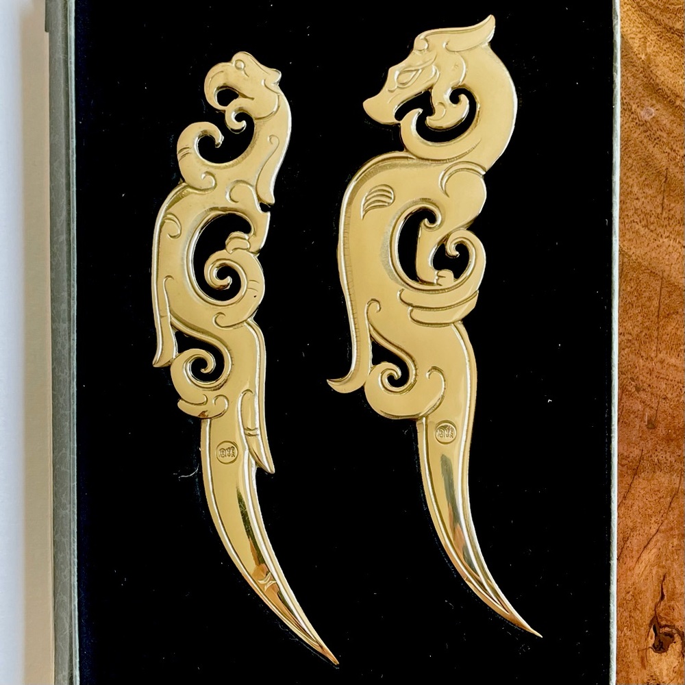 Bronze Letter Openers in the Shape of a Dragon & Phoenix Hsi Pendants